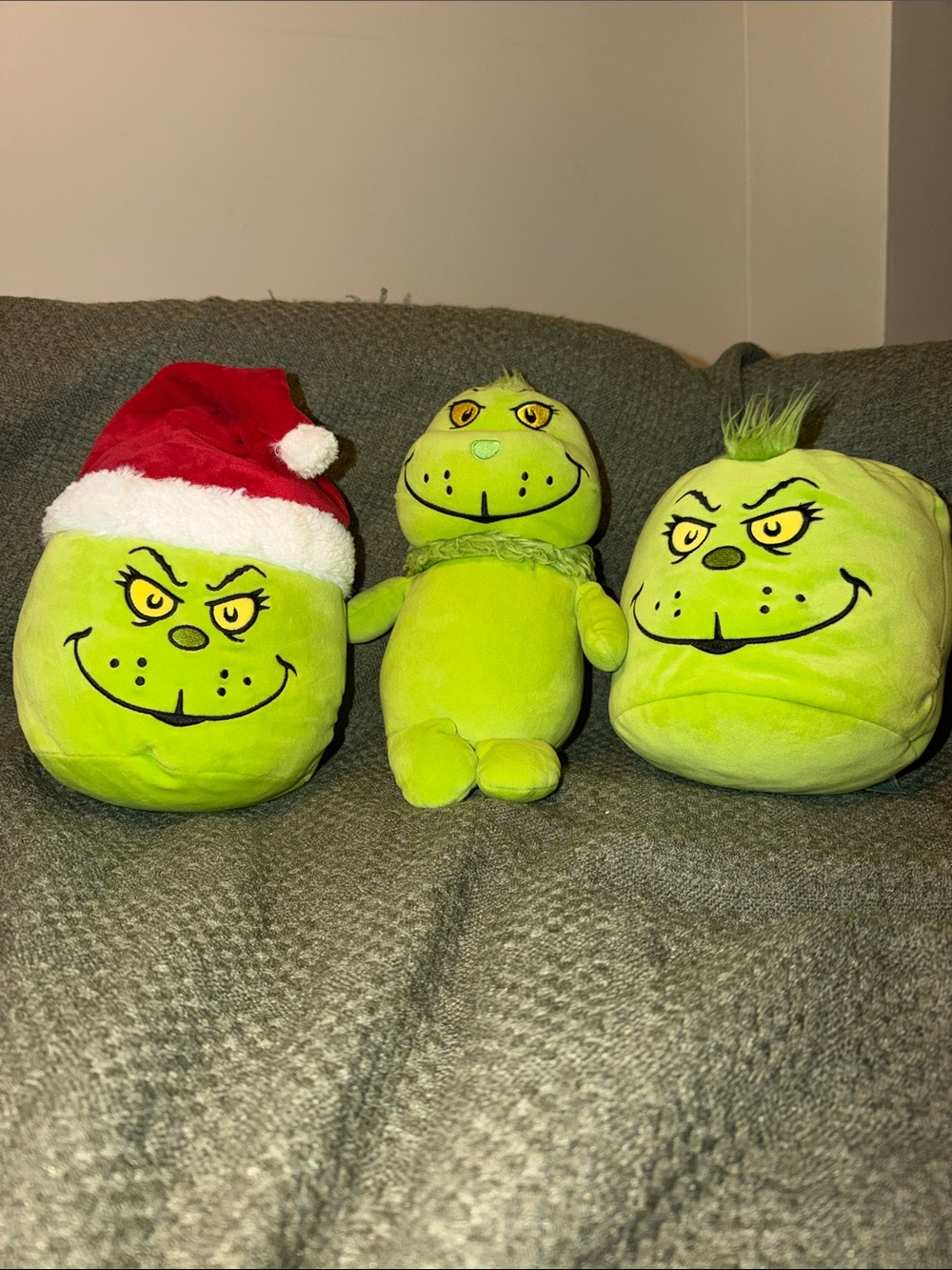 Dr. Seuss Bright Green Grinch Plush Trio with Red Santa Hat